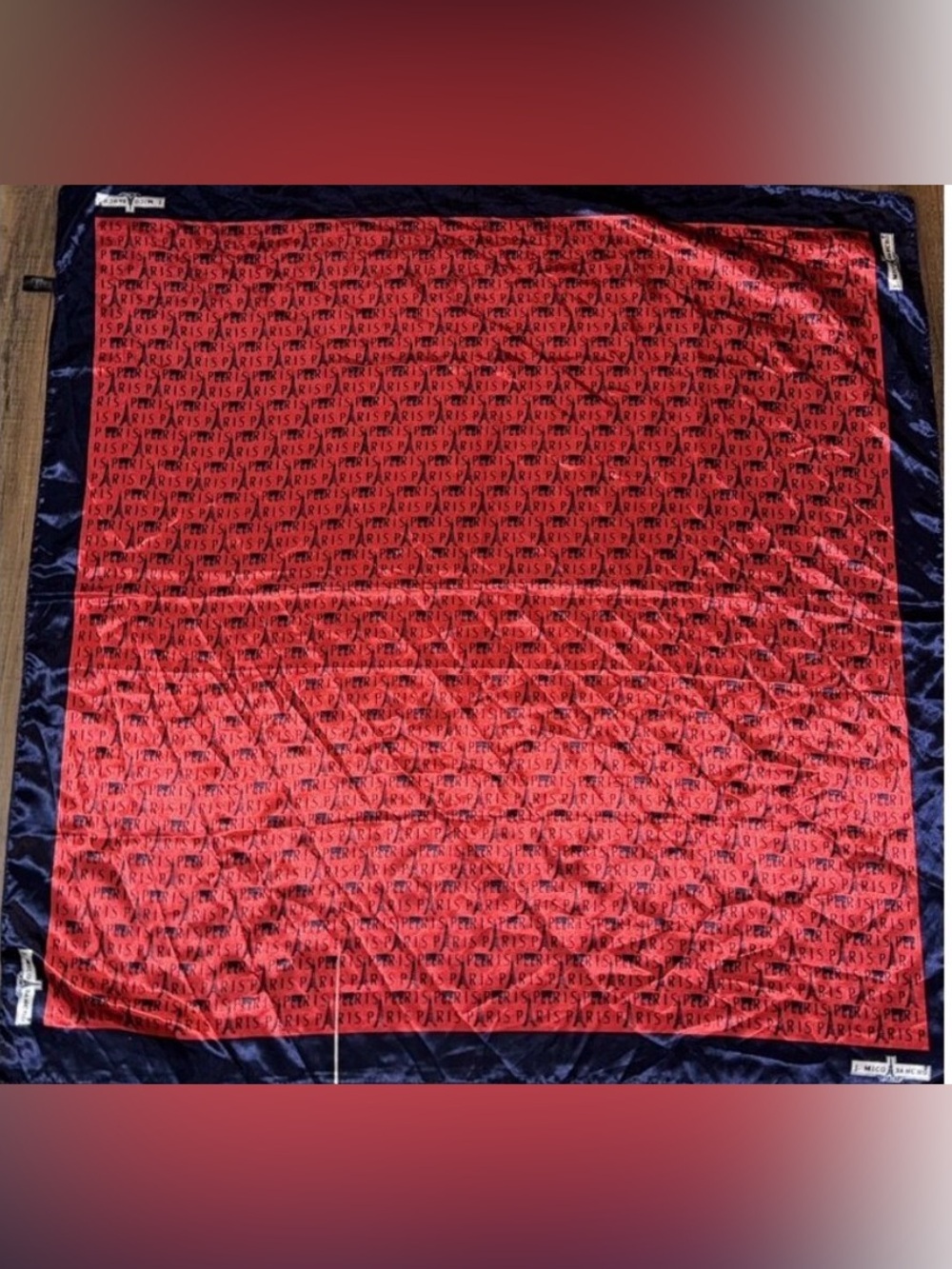 J. Mico Sancho Paris Scarf  Eiffel Tower Navy Blue & Red 35.5" Square Flaw?
